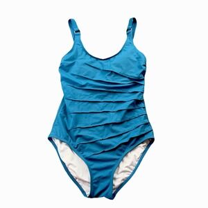 Calvin Klein Womens One Piece Swimsuit 10 Blue Ruched Tummy Control NWOT